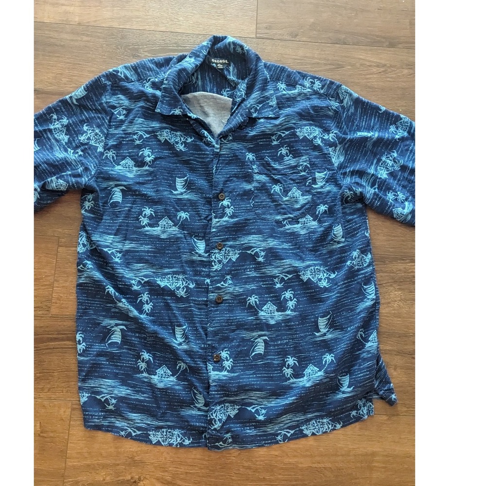 George‎ Mens L 42-44 Blue Island Print Short Sleeve Button Up Casual Shirt